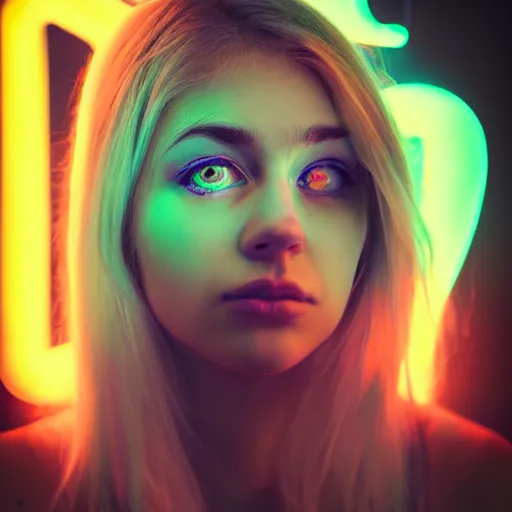 Image similar to realistic fantasy portrait of beautiful sad girl in neon light