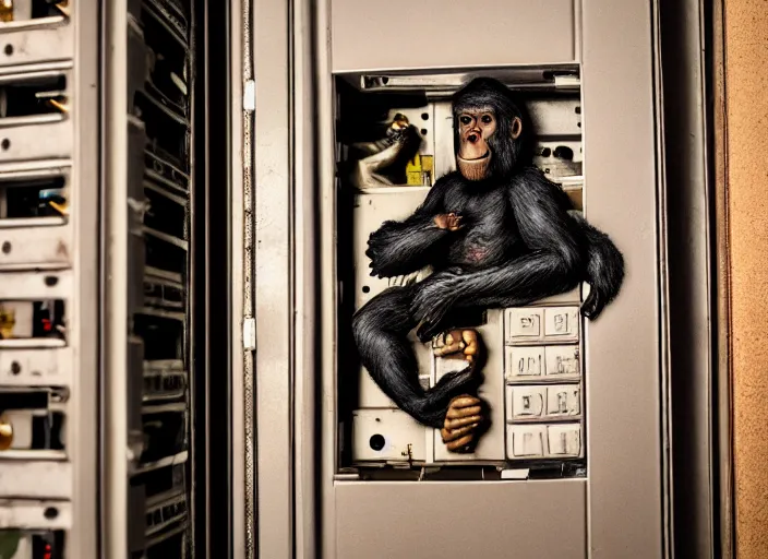 Image similar to human - ape hybrid inside fuse box in post communist apartment building