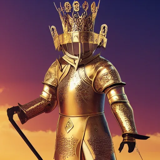 Image similar to a highly detailed full-length knight in a golden helmet and crown with a diamond in the center, golden armor, leather clothes under the armor, leather gloves, artstation, DeviantArt, professional, octane render, sunset lighting