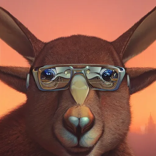 Image similar to Highly detailed portrait of Kangaroo wearing oakleys, Stephen Bliss, unreal engine, fantasy art by Greg Rutkowski, Loish, Rhads, ferdinand knab, Makoto Shinkai and Lois van baarle, ilya kuvshinov, rossdraws, Tom Bagshaw, alphonse mucha, global illumination, radiant light, detailed and intricate environment