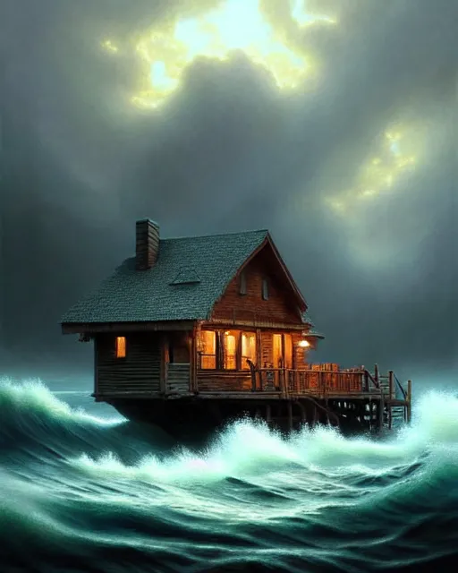 Image similar to a hyper - detailed 3 d render like an oil painting of cabin dreaming of the untamed ocean!!!!! surreal concept art, lifelike, photorealistic, digital painting, aesthetic, smooth, sharp focus, artstation hd, by greg rutkowski, bruce pennington, valentina remenar, rhads, asher duran,