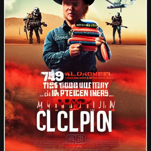 Prompt: A typical american action film poster featuring clippy the clipper and a lifelike sausage, 8k movie poster, highly detailed, vivid intense colors, sharp, crisp