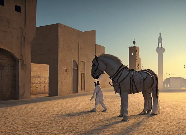 Prompt: old jeddah city alley, roshan, old shops, horse, magical glowing sand gateway to another dimension, several robots! and a man wearing a white robe standing watching over, dramatic lighting, dawn, by caspar david friedrich, unreal engine 5