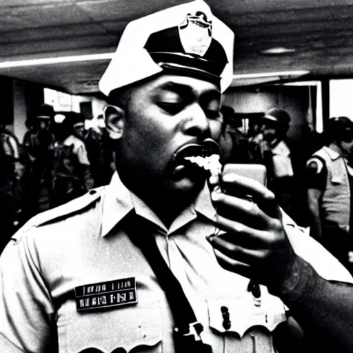 Prompt: selfie of a cop eating a donut with a riot taking place behind him, los angeles 1 9 9 2,