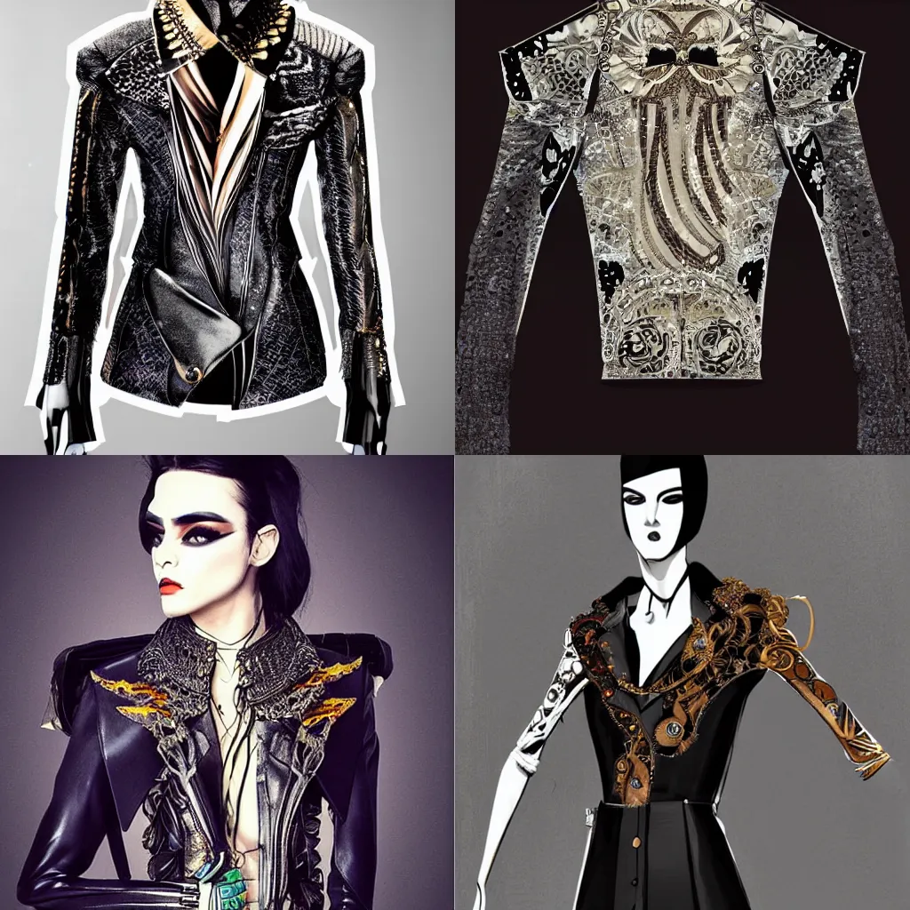 Prompt: paris fashion week jacket, designer runway shirt worn by vampire hunter d, open neck collar, (mad max), syd mead, high fashion fantasy, designed by creepyyeha, digital art, ornate, intricate, elegant, vogue in caelid