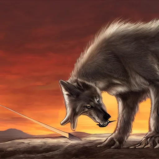 Prompt: muscular anthropomorphic gray wolf barbarian looking out into the sunset stabbing the ground with his sword while his hair blows in the wind, detailed, 4K, drawn by Yoshitaka Amano