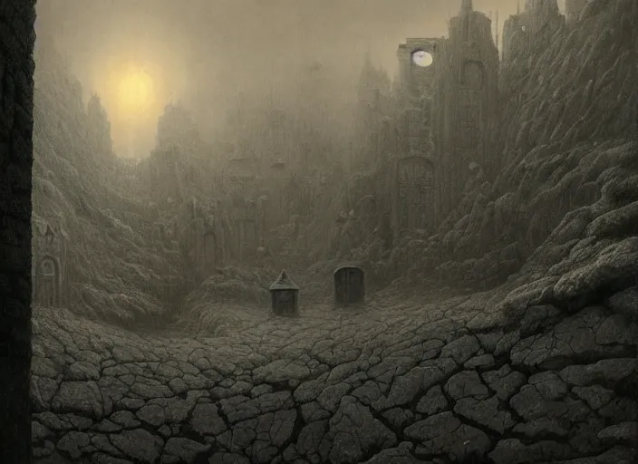 Prompt: matte painting of town of cosmic entities beyond human comprehension, Zdzislaw Beksinski, Lewis Jones, street view, gothic, lovecraftian, grotesque, cold hue's