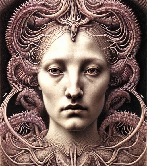 Image similar to detailed realistic beautiful dusk goddess face portrait by jean delville, gustave dore, iris van herpen and marco mazzoni, art forms of nature by ernst haeckel, art nouveau, symbolist, visionary, gothic, neo - gothic, pre - raphaelite, fractal lace, intricate alien botanicals, ai biodiversity, surreality, hyperdetailed ultrasharp octane render