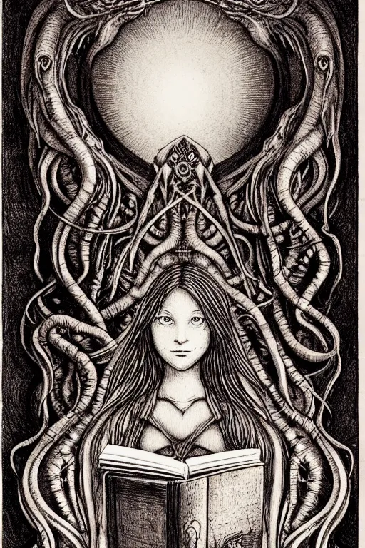 Image similar to da vinci illustration of romantic girl, her cat and her book of necronomicon, symmetrical, cinematic, sharp focus, 4 k, ultra hd, sense of awe, sinister demonic atmosphere, dreadful, forbidden knowledge, old gods, cthulhu, yog - sothoth! yah, yah, yah! cultist journal cover