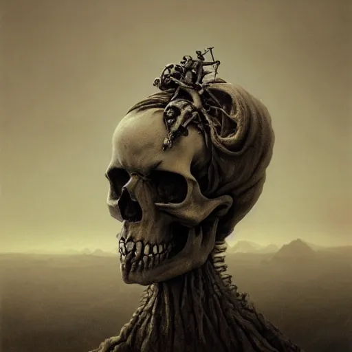 Image similar to post apocalyptic skull on top of the mountain of bones by zdzisław beksinski, digital art, award winning, trending on artstation, digital art. highly detailed 8 k. intricate. lifelike. soft light,