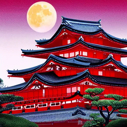 Image similar to beautiful japanese castle in the color red, dark sky with full moon, hyper detailed, highly detailed, photo realistic