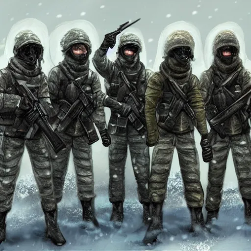 Image similar to multiple soldiers wearing arctic clothing, riot gear, in snow storm, apocalyptic, artstation