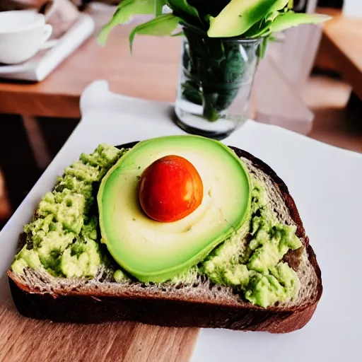 Prompt: photorealistic avocado toast on a cafe table in iceland