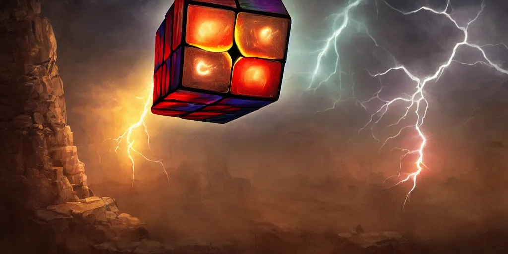 Image similar to Magical glowing Rubik's cube with lightning effects surrounding it, levitating above an ancient mysterious platform outside on an overcast day, concept art, high detail, dramatic lighting, artstation, cinematic