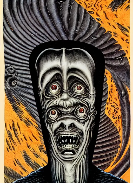 Image similar to a character portrait piece by hr giger, francis goya, basil wolverton, lisa frank, roy litchenstein