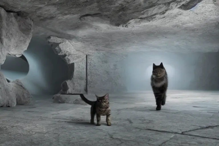 Image similar to futuristic VFX movie of a cat walking through a wizards magic underground lair,natural lighting by Emmanuel Lubezki