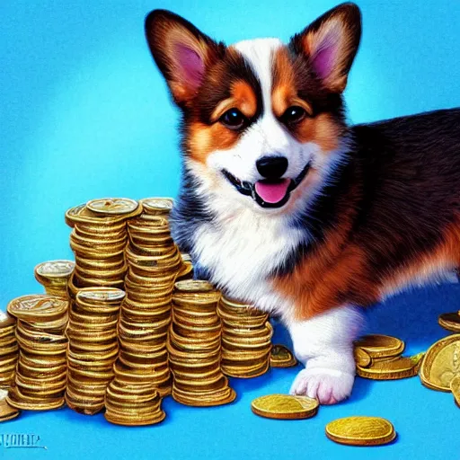 Prompt: a cute and happy corgi puppy lying on top of a huge pile of gold coins and gems and treasures, extremely detailed digital illustration, hyperrealistic, fantasy, lord of the rings, greg rutkowski, artgerm, trending on artstation, masterpiece, award - winning, 8 k