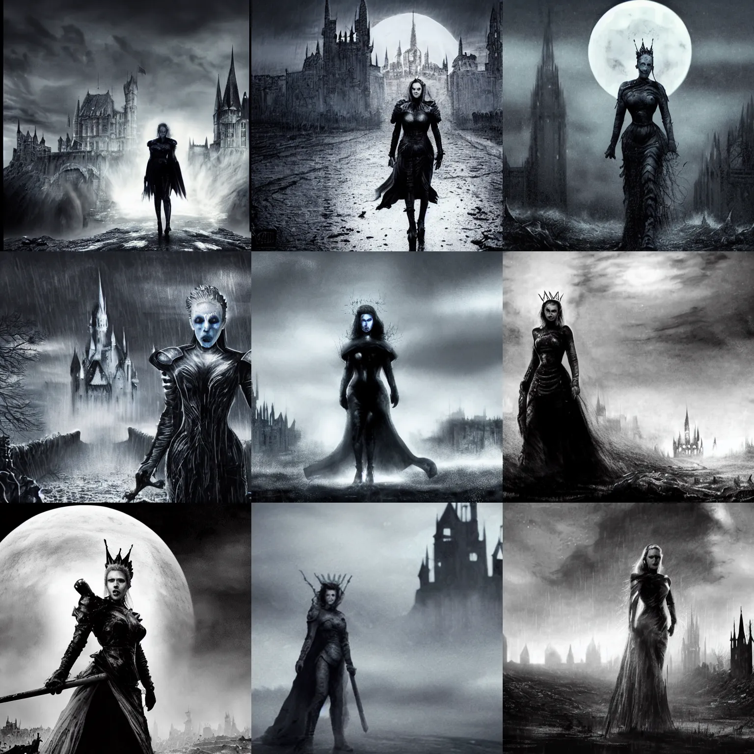 Prompt: black and white, scarlett johansson as a white walker, wearing rain soaked armour in the pouring rain and a crown, frank frazetta manga style, hyper realism, pencil and ink, full body walking towards camera pose, dynamic lighting in a post apocalyptic city and huge gothic castle in the background, at night with dramatic moonlight, cinematic effects vfx, dynamic angle