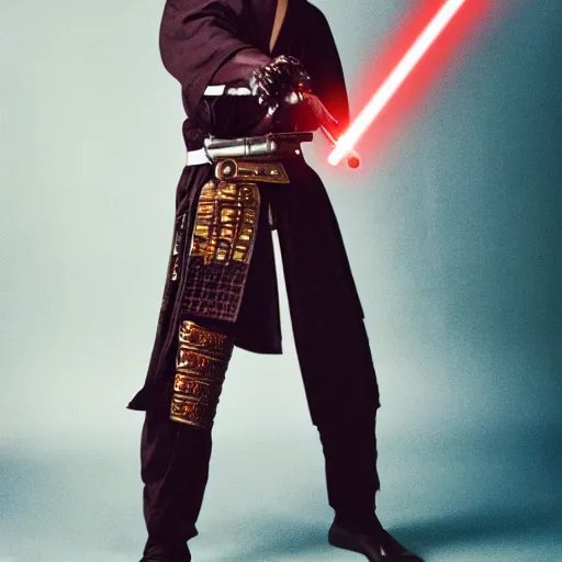 Prompt: vogue magazine half length portrait photo of a cyberpunk samurai with a lightsaber katana
