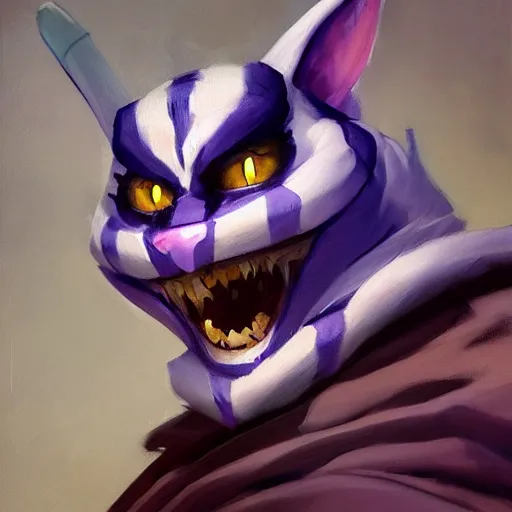 Image similar to greg manchess portrait painting of partially armored cheshire cat from alice in wonderland as overwatch character, medium shot, asymmetrical, profile picture, organic painting, sunny day, matte painting, bold shapes, hard edges, street art, trending on artstation, by huang guangjian, gil elvgren, ruan jia, randy vargas, greg rutkowski