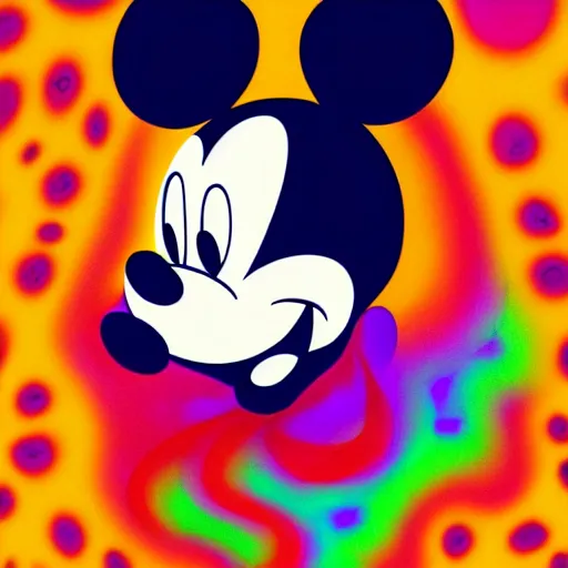 Image similar to an extremely psychedelic portrait of mickey mouse, surreal, lsd, face, detailed, intricate, elegant, lithe, highly detailed, digital painting, artstation, concept art, smooth, sharp focus, illustration