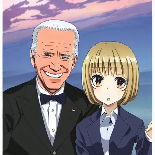 Prompt: key anime visual of joe biden and Saiki Kusuo; official media