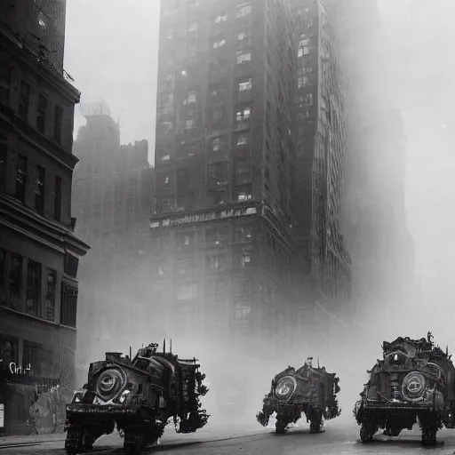 Prompt: old black and white photo, 1 9 1 3, depicting a dieselpunk giant robot mech rampaging through the bustling streets of new york city, historical record, volumetric fog