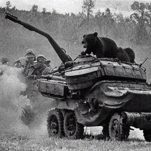 Image similar to a picture of a enormous bear pulling a towed anti - tank canon behind his back like a chariot, eastern front, historical picture