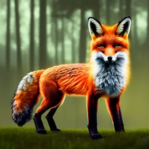 Prompt: photographic render of a fox with foxes on the background of the forest hyperrealistic 8k, very detailed