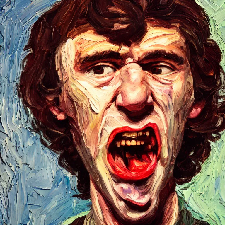 Prompt: warmly lit close up studio portrait of young angry! screaming George Harrison in 1965 furious!, impasto oil painting thick brushstrokes by Lucian Freud and Cy Twombly and Tim Hawkinson , trending on artstation dramatic lighting Expressionism