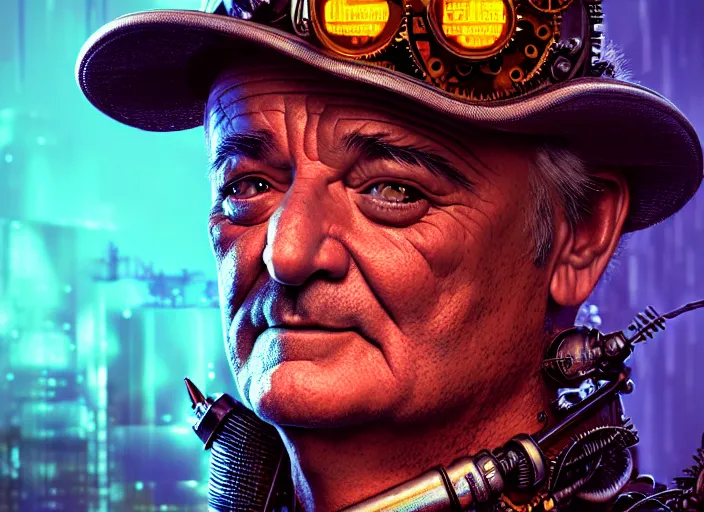 Image similar to an intricately detailed ultra - realistic unreal engine 5 rendering of a portrait of steampunk cyberpunk neon - bordered cyborg bill murray, concept art, intricate details, eerie, highly detailed, photorealistic, octane render, 8 k uhd art by kilian eng