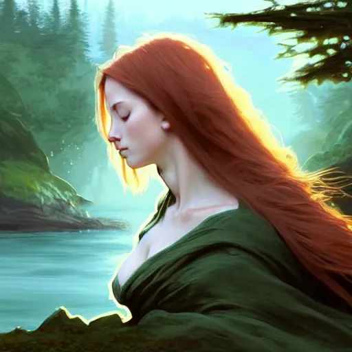 Image similar to wide angle, cloaked woman, sleeping on rock in river, white green brown blue color palette, eyes closed, forest, female, d & d, fantasy, intricate, elegant, highly detailed, long red hair, digital painting, artstation, octane render, concept art, matte, sharp focus, illustration, hearthstone, art by artgerm, alphonse mucha johannes voss