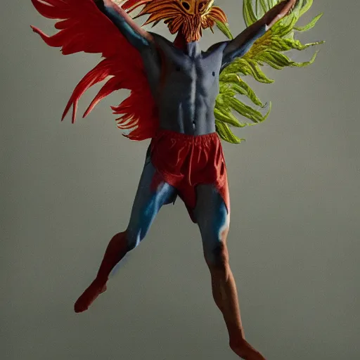 Prompt: an slim athletic beautiful male alien with ombre colored skin wearing a phoenix mask, painted by michelangelo for vogue magazine