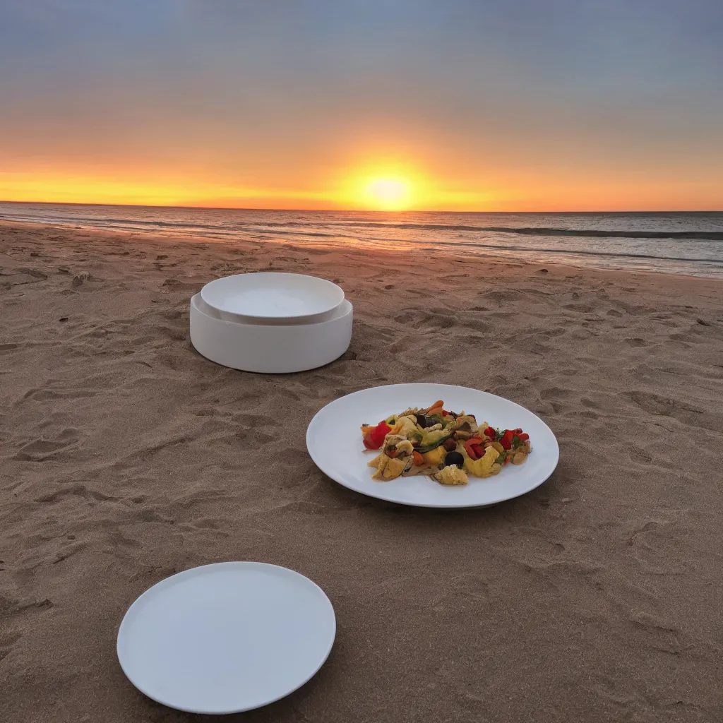 Image similar to professional photo of empty white dish in the middle over a table with a sunset on the beach in the background