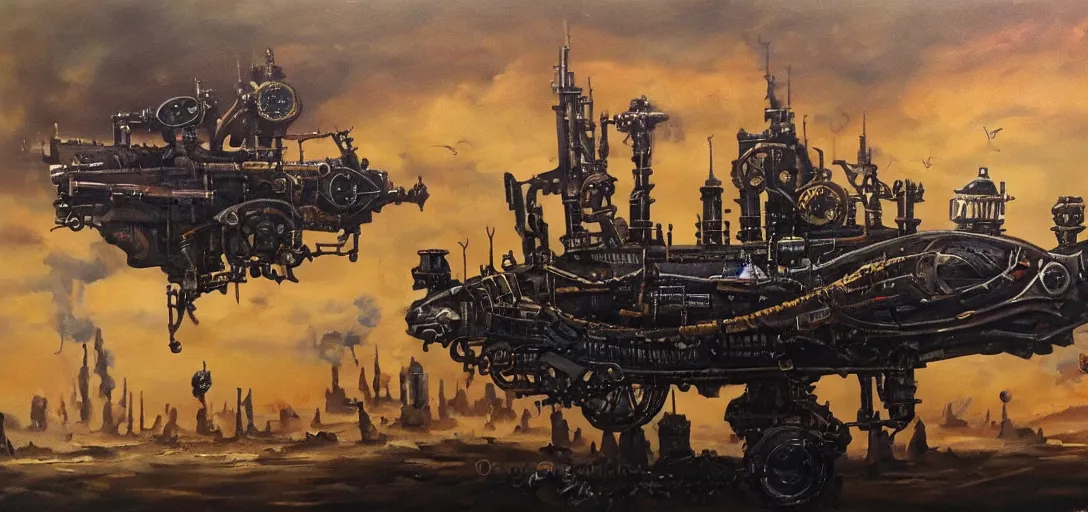 Prompt: oil painting of a steampunk spaceship