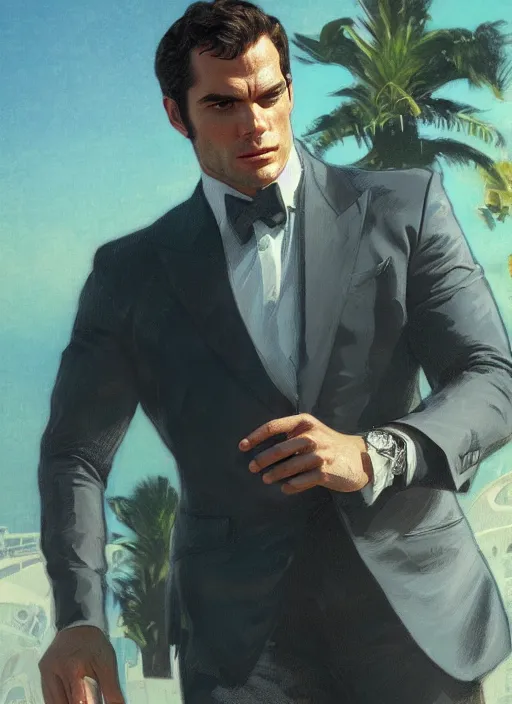 Image similar to portrait of henry cavill as james bond, key art, sprinting, palm trees, aston martin db 1 0, highly detailed, digital painting, artstation, concept art, cinematic lighting, sharp focus, illustration, by gaston bussiere alphonse mucha