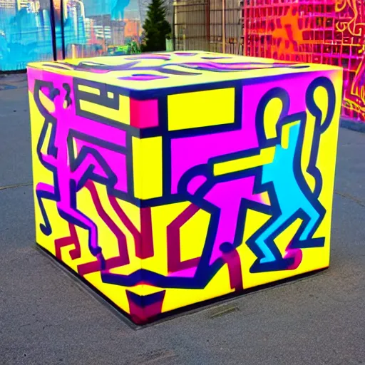 Image similar to synthwave photorealistic russian port curve covey cube neutron patio, by keith haring and jeff koons and georgia o'keefee, lowbrow, cyberpunk, an american propaganda