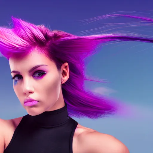 Image similar to a award winning action upper body portrait of a beautiful woman with a ombre purple pink hairstyle with head in motion and hair flying, choker, outrun, vaporware, vivid colors, highly detailed, fine detail, intricate