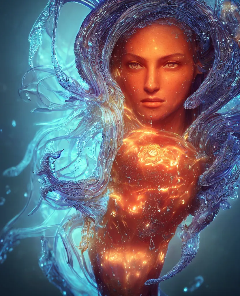 Image similar to close-up macro portrait of the face of a beautiful princess, epic angle and pose, symmetrical artwork, 3d with depth of field, blurred background, cybernetic jellyfish female face skull phoenix bird, translucent, nautilus, energy flows of water and fire. a highly detailed epic cinematic concept art CG render. made in Maya, Blender and Photoshop, octane render, excellent composition, cinematic dystopian brutalist atmosphere, dynamic dramatic cinematic lighting, aesthetic, very inspirational, arthouse. y Greg Rutkowski, Ilya Kuvshinov, WLOP, Stanley Artgerm Lau, Ruan Jia and Fenghua Zhong