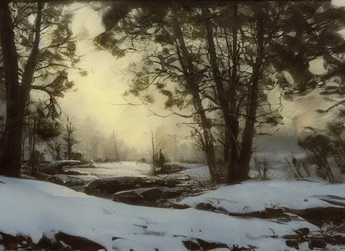 Prompt: oil painting, snow blizzard in woodland meadow, log cabin, smoke billowing from chimney, water stream, water wheel, oak trees, pine trees, wooden bridge, mild breeze wind, mountain in background, high detailed art by anders zorn, wonderful masterpiece by greg rutkowski, beautiful cinematic light, american romanticism by greg manchess, creation by tyler edlin