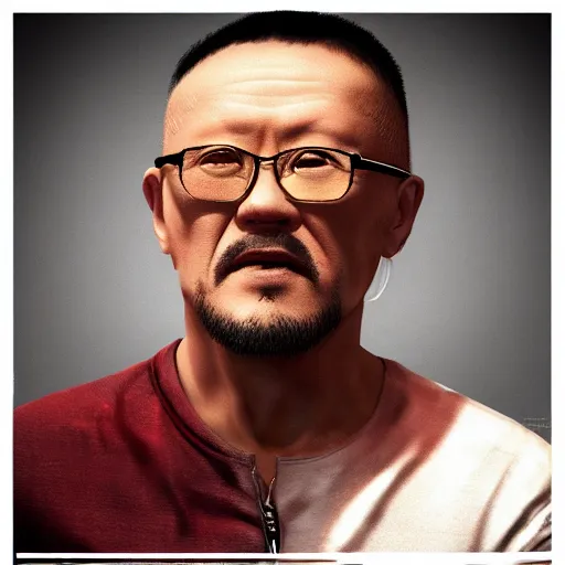 Prompt: a photorealistc digital art of jiang wen shows his muscle, award winning photography, trending on artstation