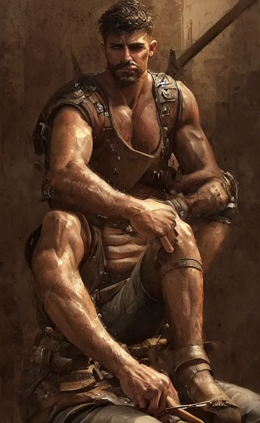 Image similar to Portrait of a rugged ranger sitting down, male, muscular, straight nose!!!, detailed face, handsome face, bare thighs!!!, simple clothing!!!!!, fantasy, medieval, highly detailed, cinematic lighting, digital art painting by greg rutkowski