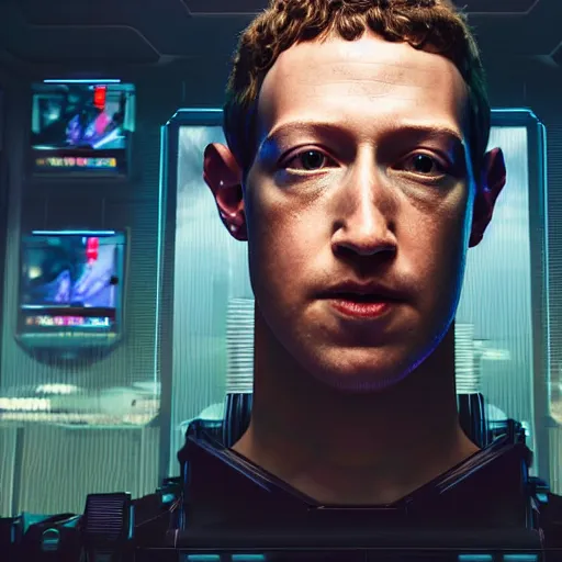 Prompt: front view, imposing, ominous portrait of cyborg Mark Zuckerberg as a cyberpunk 2077 loading screen, symmetry, front view, intricate, studio, art by anthony macbain + greg rutkowski + alphonse mucha, concept art, 4k, sharp focus