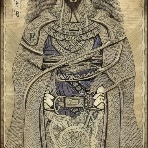 Image similar to yurunu, he rules over wisdom and knowledge. his symbol is a scroll. highly detailed and intricate 8 k concept fantasy art illustration