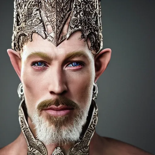 Prompt: 8K Photography from a Male muscled short haired Elven King , goatee, by Jimmy Nelson