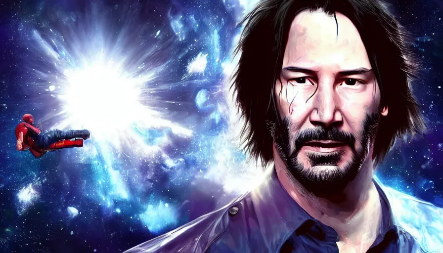 Image similar to Keanu reeves floating in space with a distressed look on his face, digital art, artstation, artgem