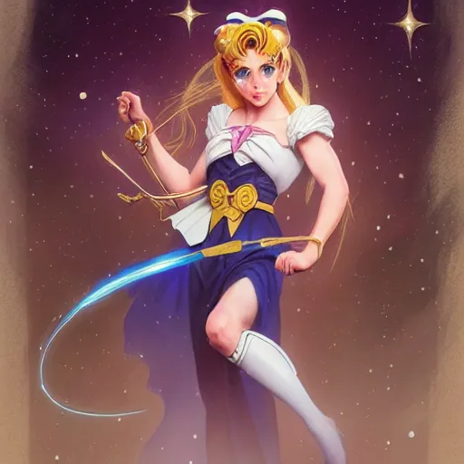 Image similar to Mark Hamill as Sailor Moon, western, D&D, fantasy, intricate, elegant, highly detailed, digital painting, artstation, concept art, matte, sharp focus, illustration, art by Artgerm and Greg Rutkowski and Alphonse Mucha