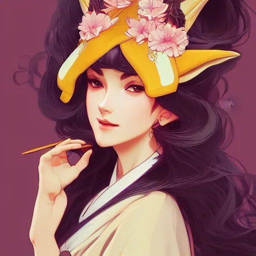 Image similar to A beautiful woman with fox ears who wears kimono, highly detailed, digital painting, artstation, concept art, smooth, sharp focus, illustration, art by artgerm and alphonse mucha, high definition digital art, in the style of Ross tran and ilya kuvshinov