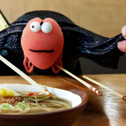 Prompt: wise old fly with a white beard eats ramen with chopsticks