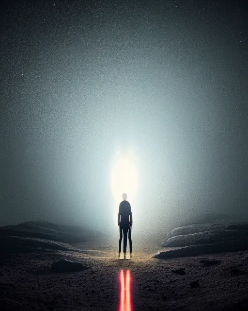 Image similar to a person standing in front of a glowy open door that's on a barren moon, poster art by mike winkelmann, trending on cg society, space art, sci - fi, ue 5, futuristic, volumetric lighting, light casting onto the ground, neat composition and camera angle